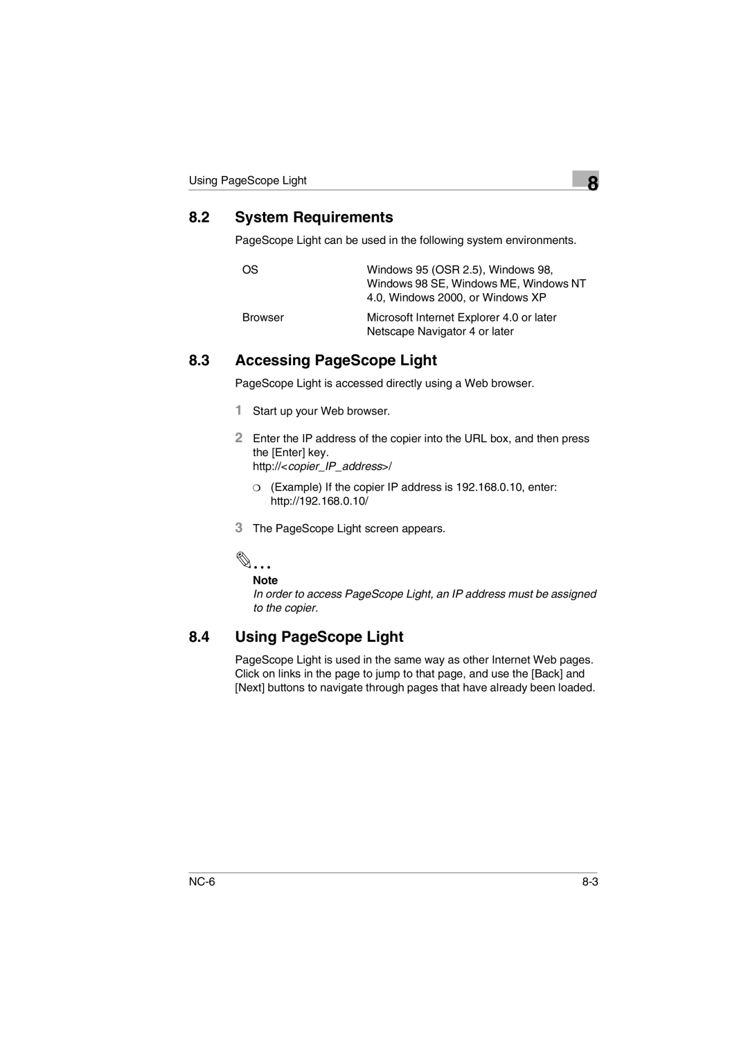 Konica Minolta NC-6 user manual System Requirements, Accessing PageScope Light, Using PageScope Light 