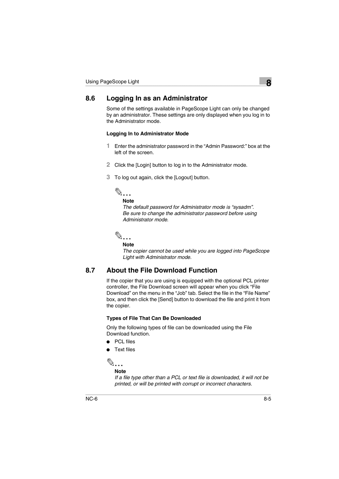 Konica Minolta NC-6 user manual Logging In as an Administrator, About the File Download Function 