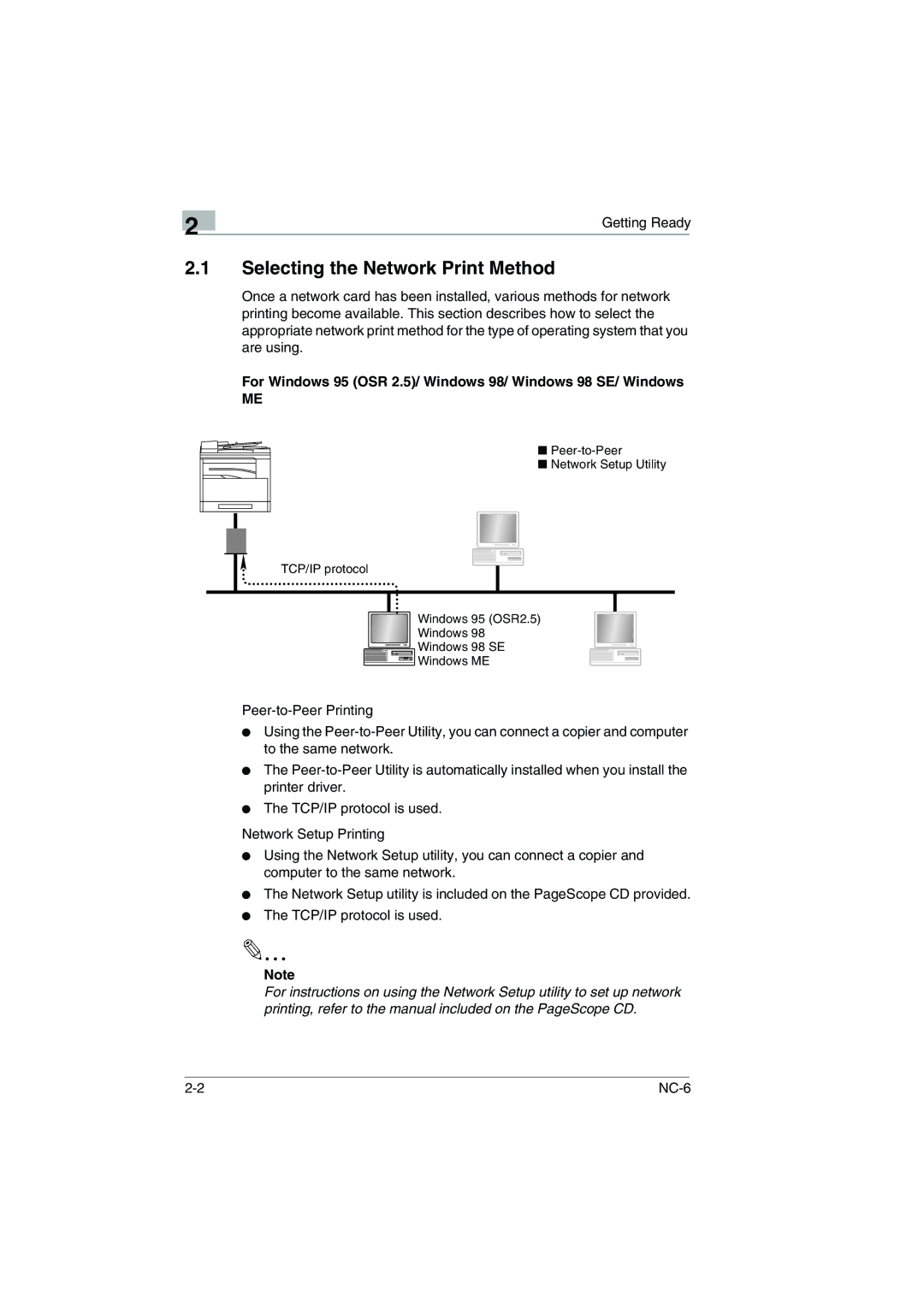 Konica Minolta NC-6 Selecting the Network Print Method, For Windows 95 OSR 2.5/ Windows 98/ Windows 98 SE/ Windows 