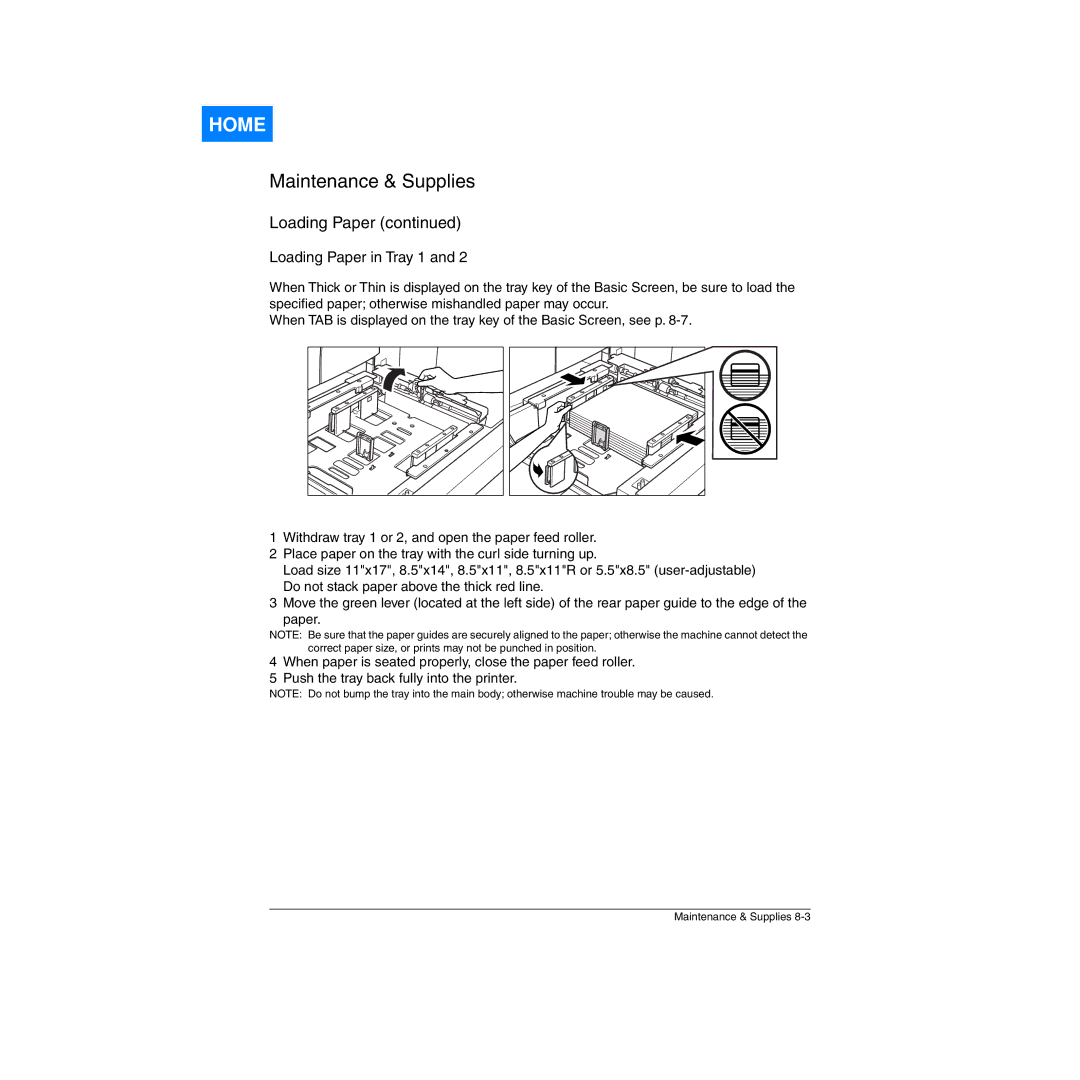 Konica Minolta Network Printer manual Loading Paper in Tray 1 