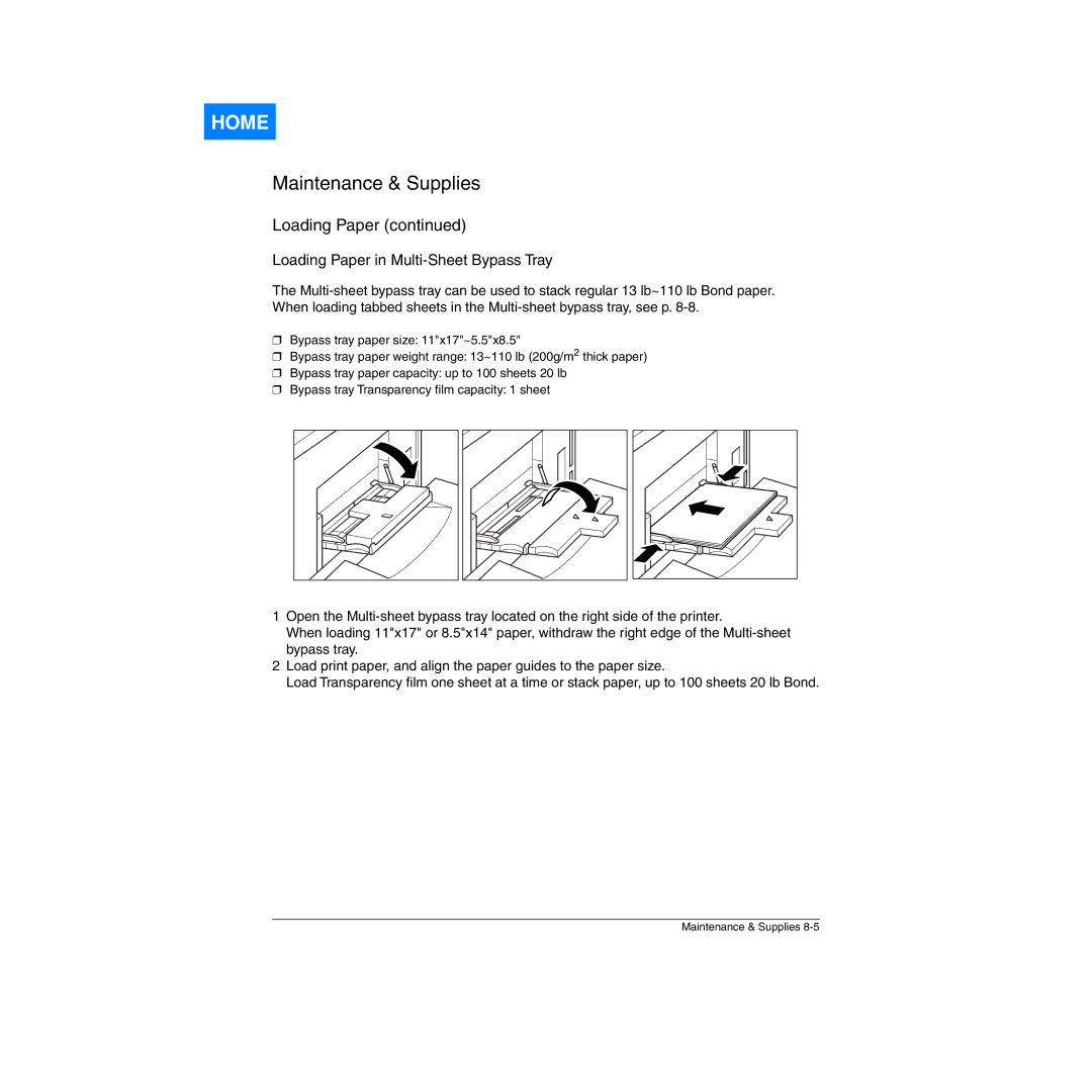 Konica Minolta Network Printer manual Loading Paper in Multi-Sheet Bypass Tray 