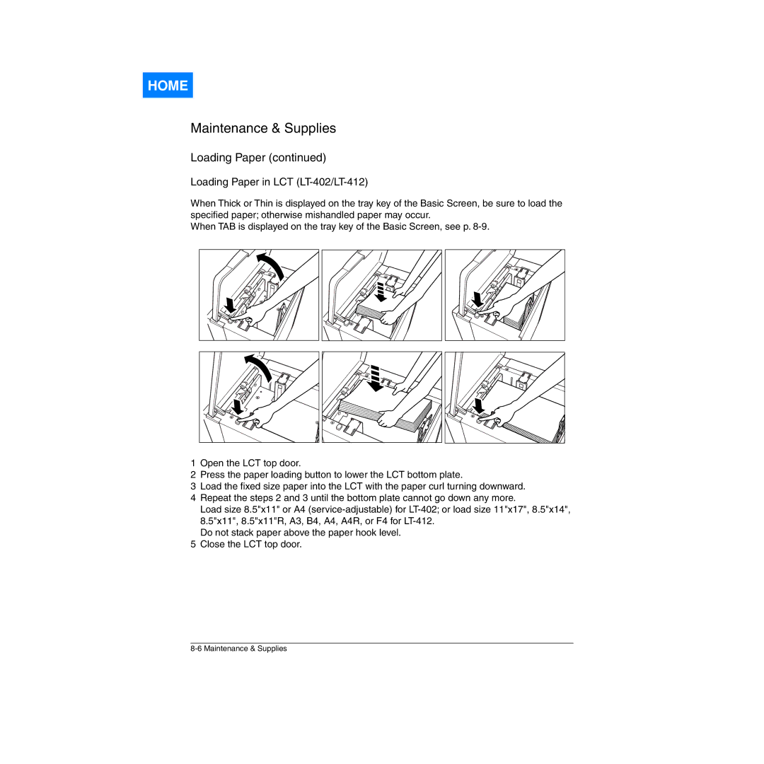 Konica Minolta Network Printer manual Loading Paper in LCT LT-402/LT-412 