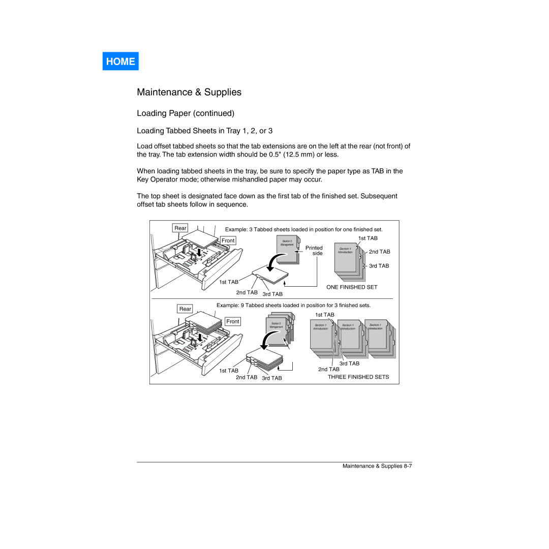 Konica Minolta Network Printer manual Loading Tabbed Sheets in Tray 1, 2, or, Front 