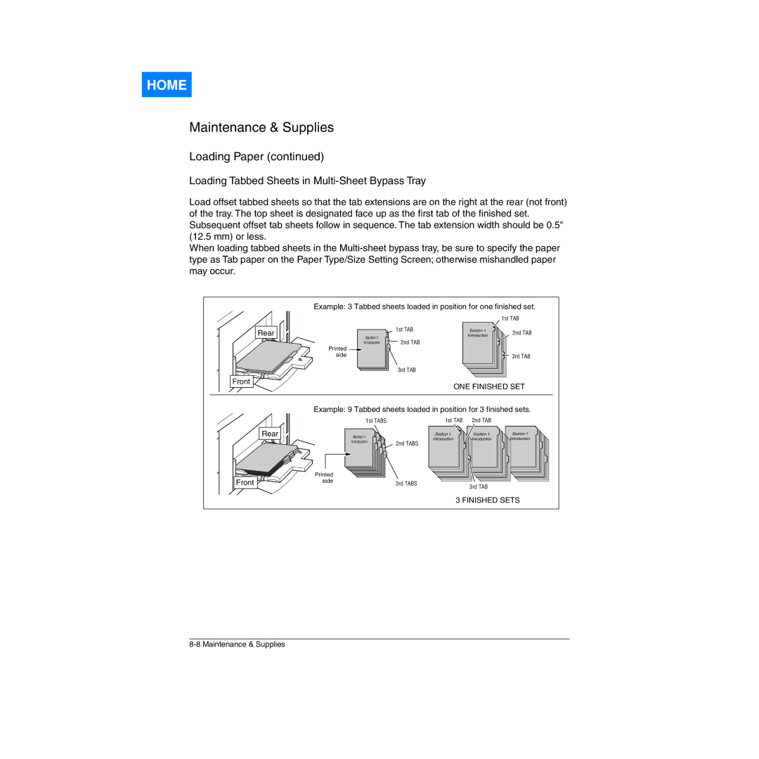 Konica Minolta Network Printer manual Loading Tabbed Sheets in Multi-Sheet Bypass Tray, ONE Finished SET 