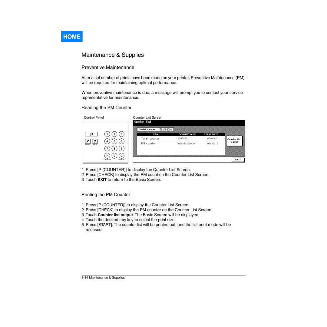 Konica Minolta Network Printer manual Reading the PM Counter, Printing the PM Counter 