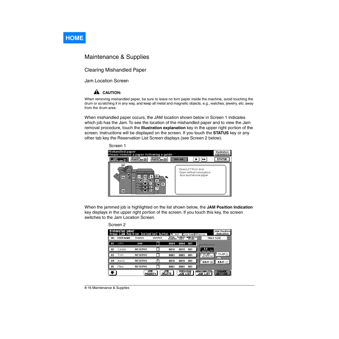 Konica Minolta Network Printer manual Clearing Mishandled Paper, Jam Location Screen 