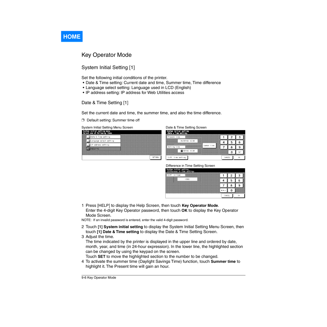 Konica Minolta Network Printer manual Date & Time Setting, Default setting Summer time off 