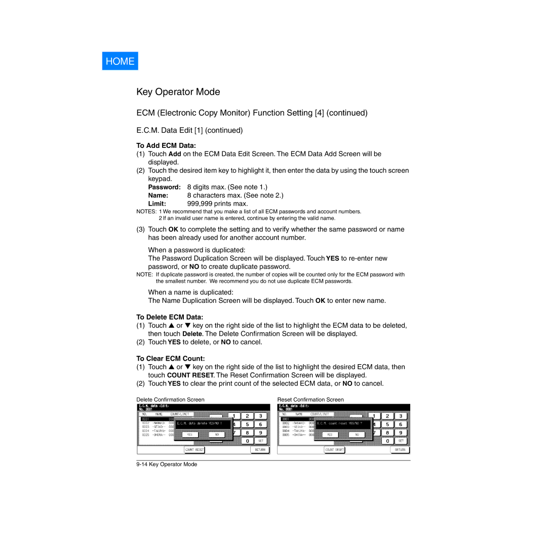 Konica Minolta Network Printer manual To Add ECM Data, To Delete ECM Data, To Clear ECM Count 