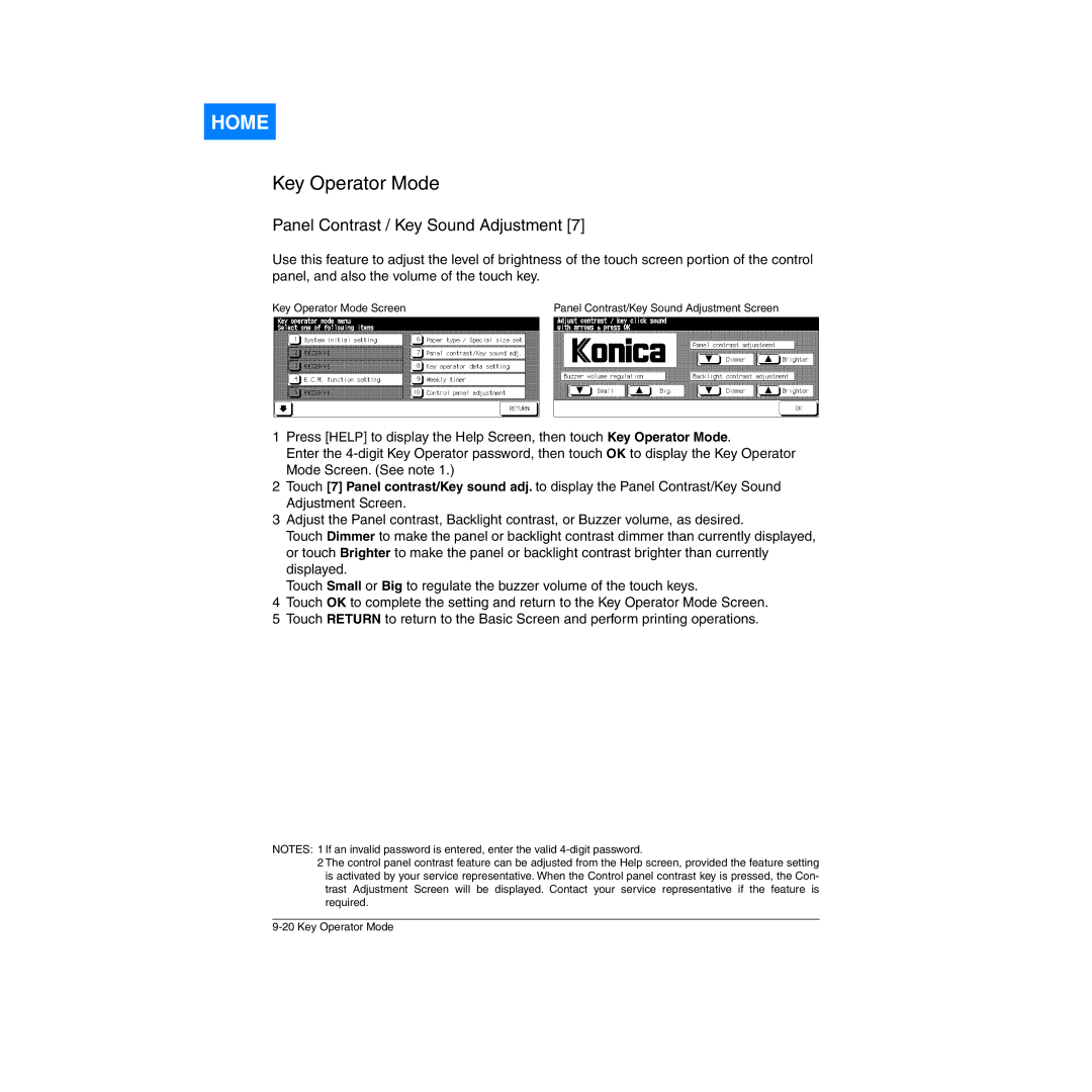 Konica Minolta Network Printer manual Panel Contrast/Key Sound Adjustment Screen 