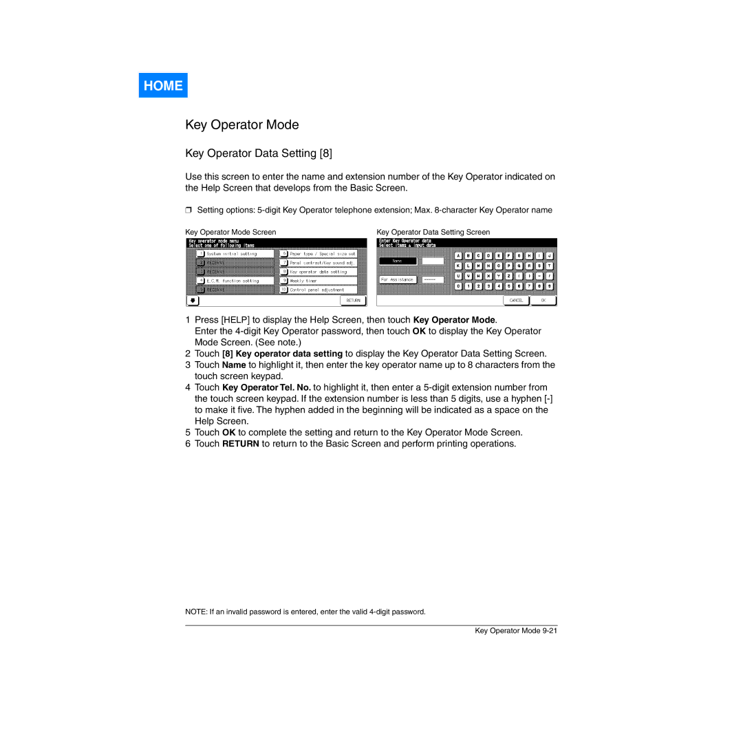 Konica Minolta Network Printer manual Key Operator Data Setting Screen 