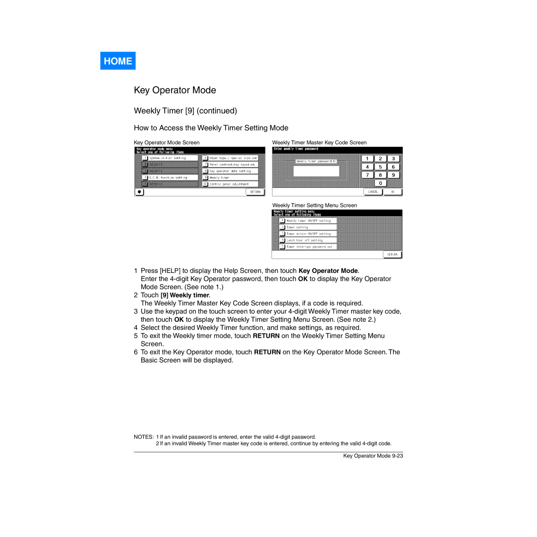 Konica Minolta Network Printer manual How to Access the Weekly Timer Setting Mode, Touch 9 Weekly timer 