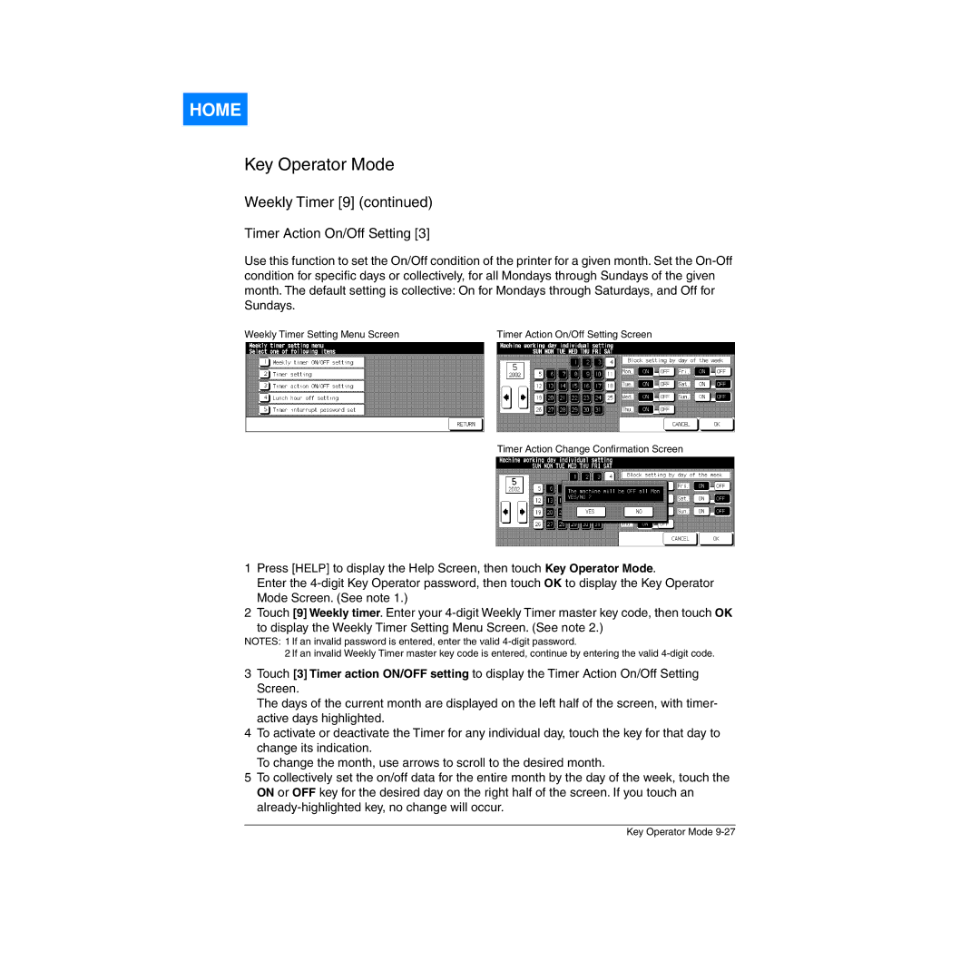 Konica Minolta Network Printer manual Timer Action On/Off Setting 