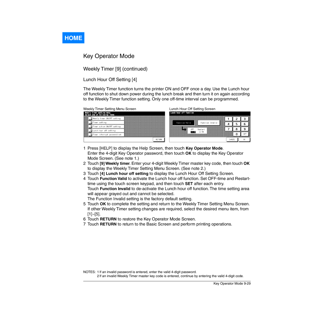 Konica Minolta Network Printer manual Lunch Hour Off Setting 