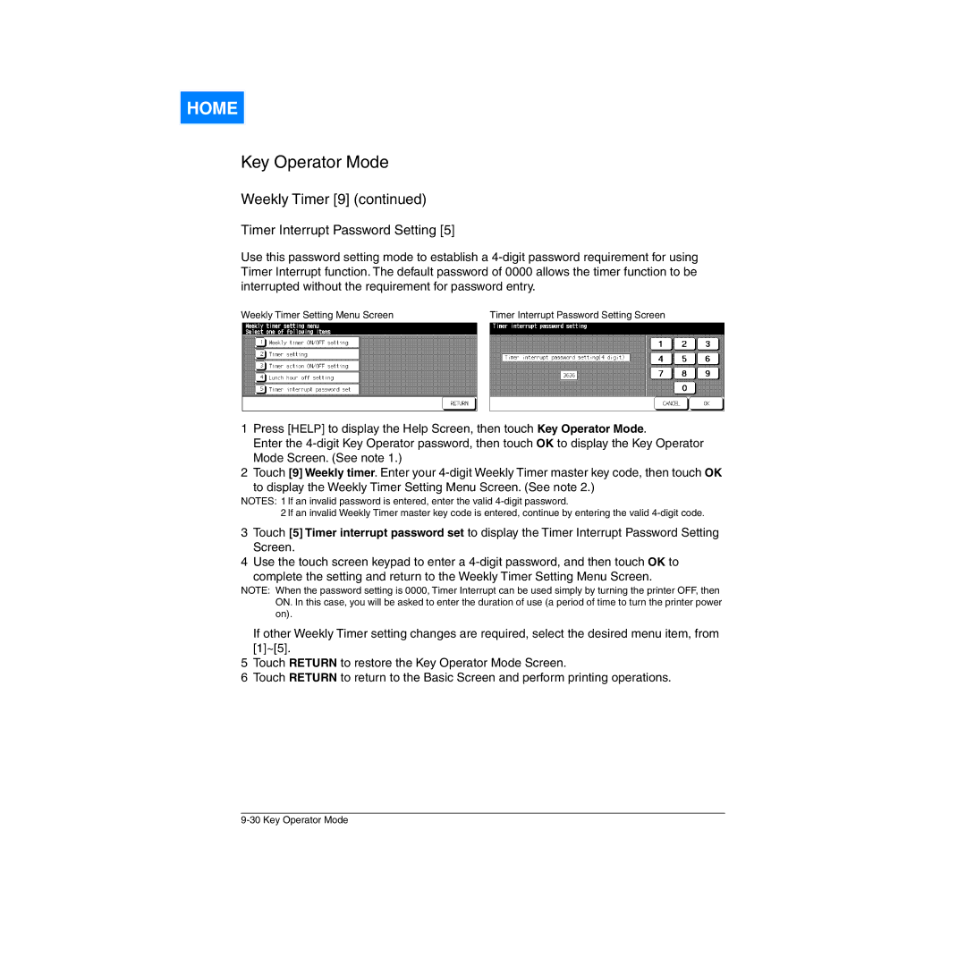 Konica Minolta Network Printer manual Timer Interrupt Password Setting 