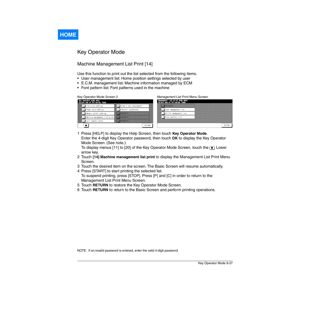 Konica Minolta Network Printer manual Key Operator Mode Screen Management List Print Menu Screen 