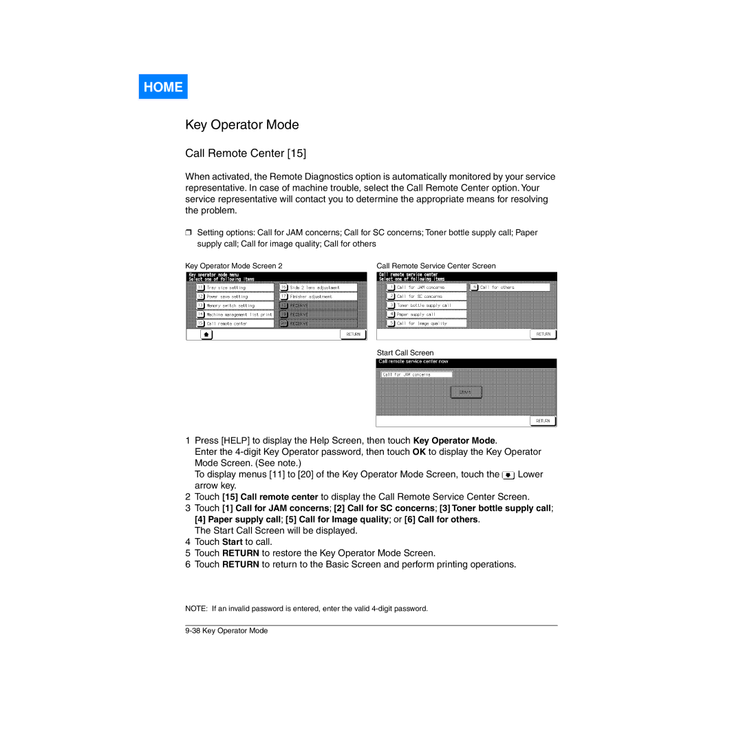 Konica Minolta Network Printer manual Call Remote Center 