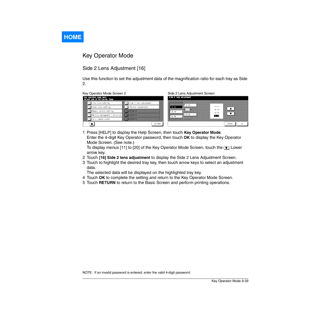 Konica Minolta Network Printer manual Side 2 Lens Adjustment Screen 