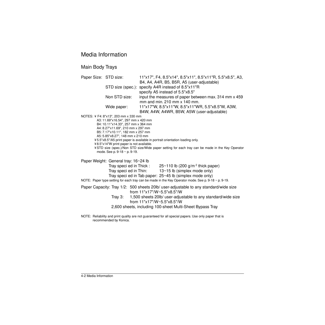 Konica Minolta Network Printer manual Main Body Trays 