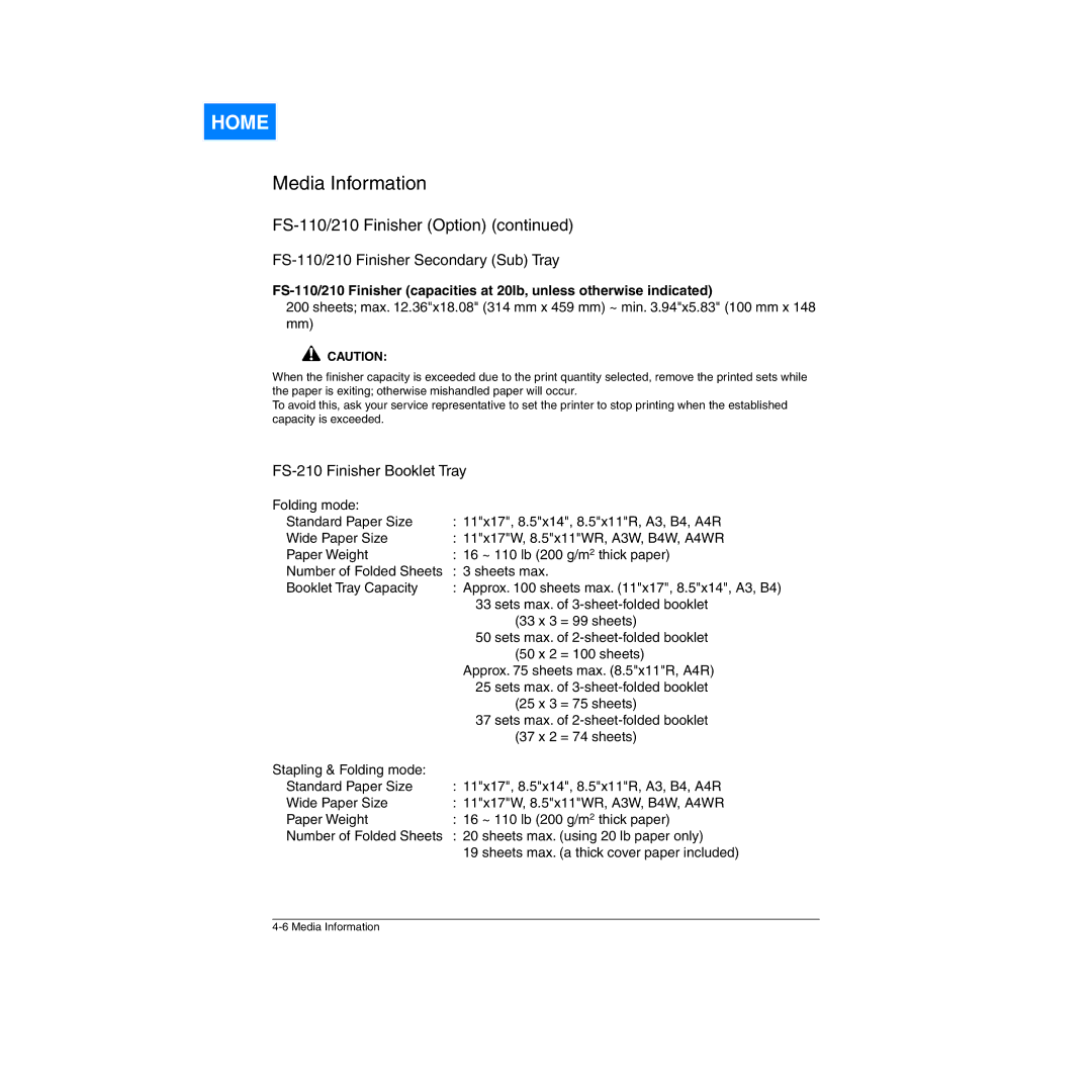 Konica Minolta Network Printer manual FS-110/210 Finisher Secondary Sub Tray, FS-210 Finisher Booklet Tray 