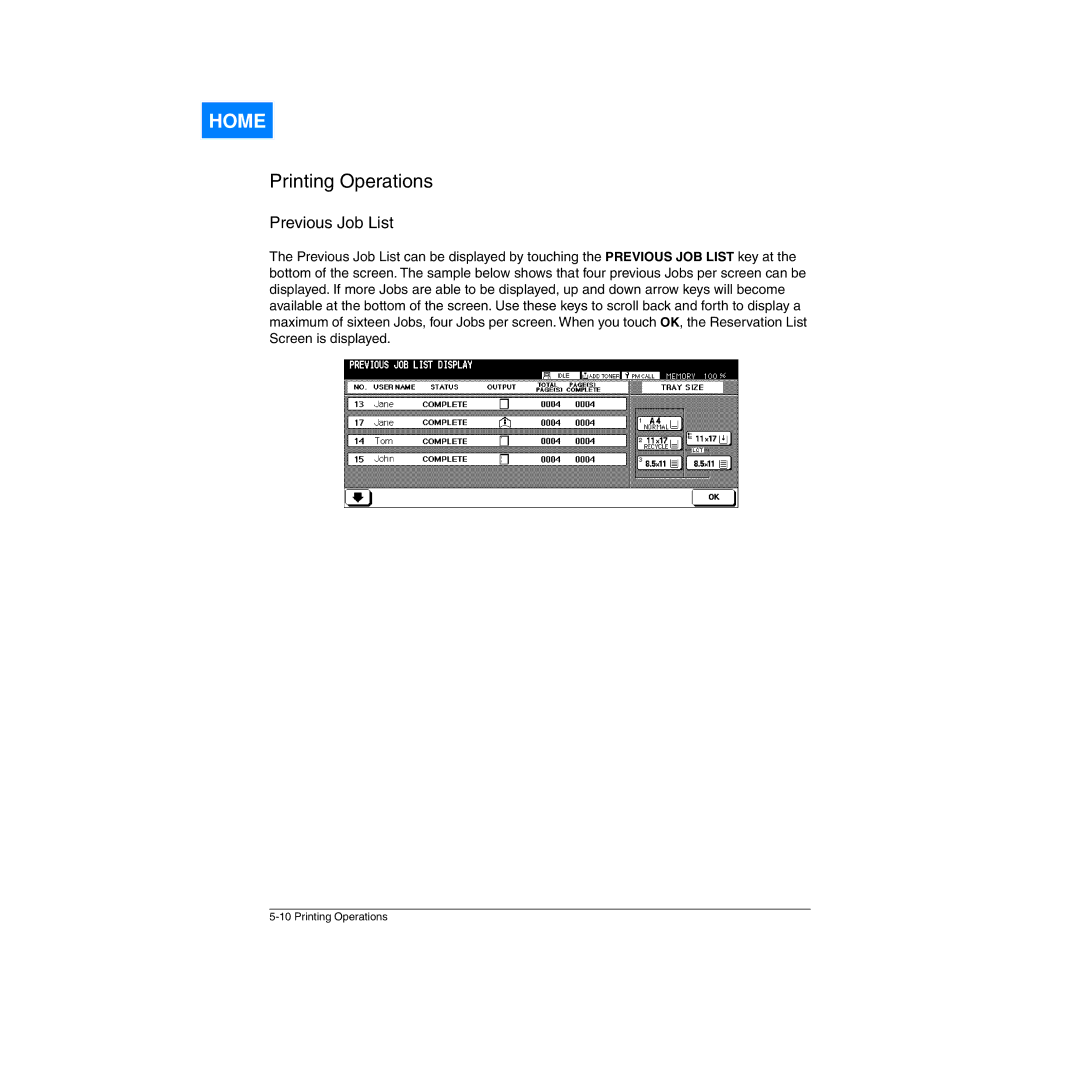 Konica Minolta Network Printer manual Previous Job List 