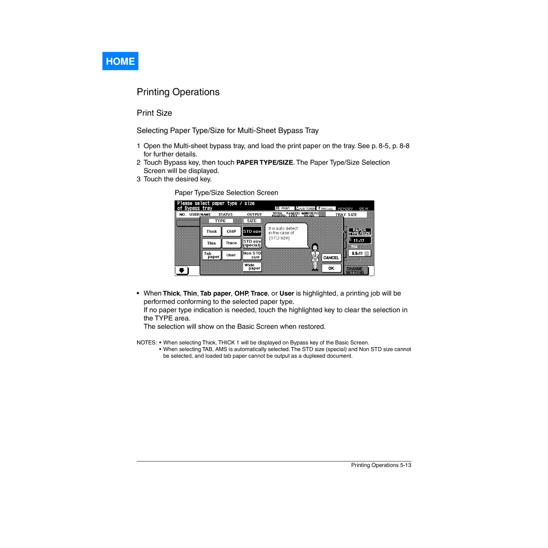 Konica Minolta Network Printer manual Print Size, Selecting Paper Type/Size for Multi-Sheet Bypass Tray 