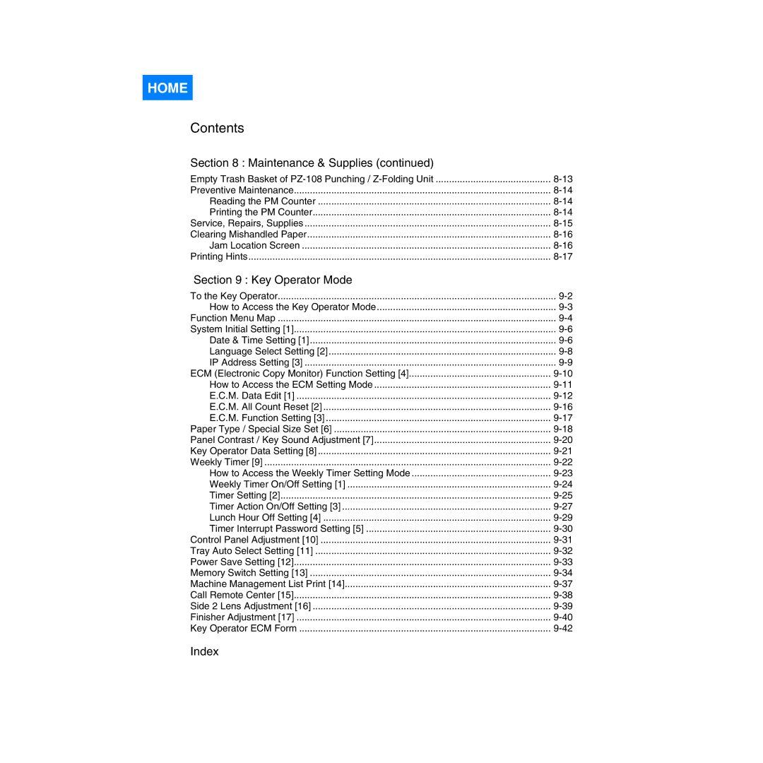 Konica Minolta Network Printer manual Key Operator Mode, Index 