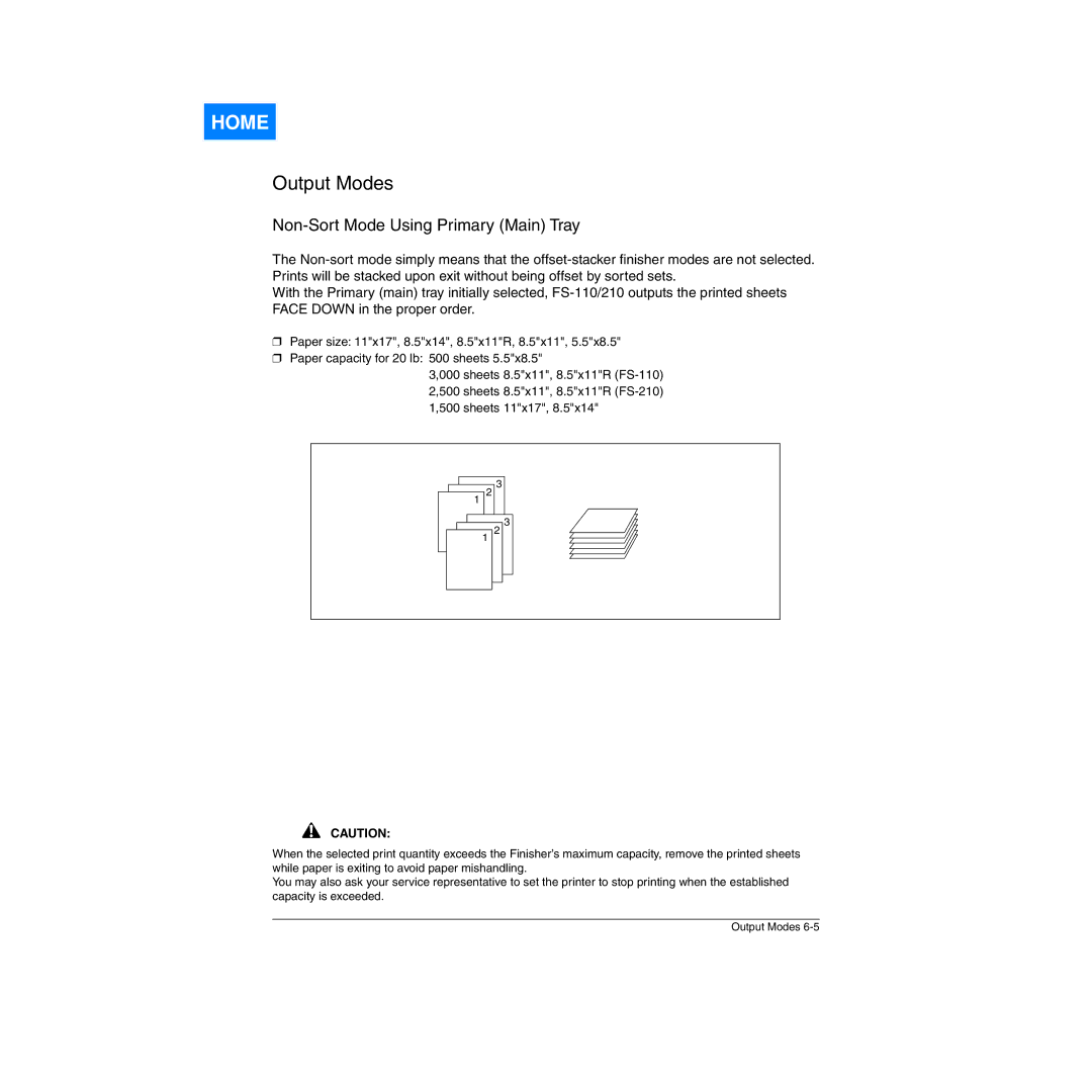 Konica Minolta Network Printer manual Non-Sort Mode Using Primary Main Tray 