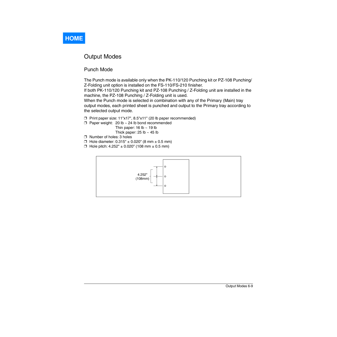 Konica Minolta Network Printer manual 252 108mm Output Modes 