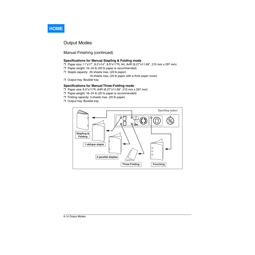 Konica Minolta Network Printer manual Speciﬁcations for Manual Stapling & Folding mode 