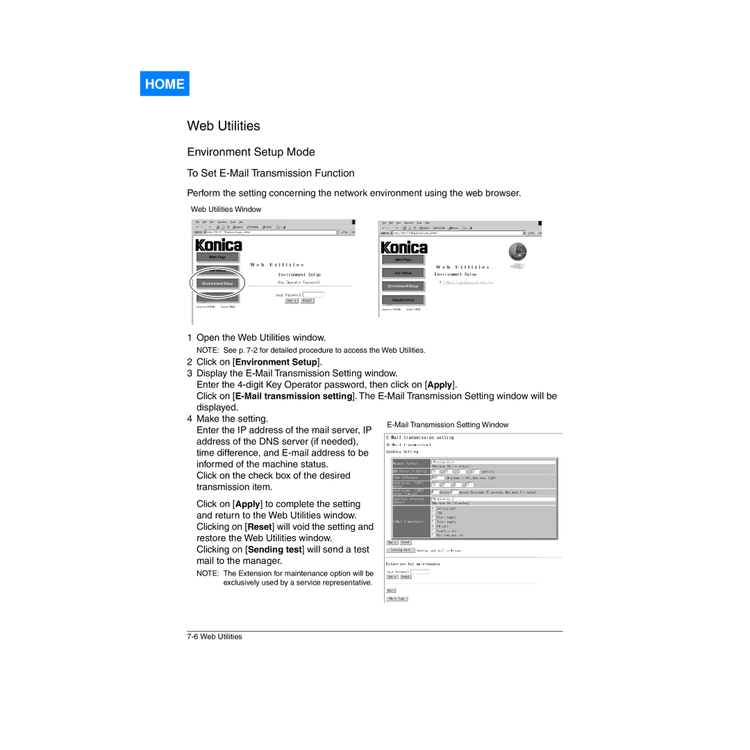 Konica Minolta Network Printer manual To Set E-Mail Transmission Function, Click on Environment Setup 