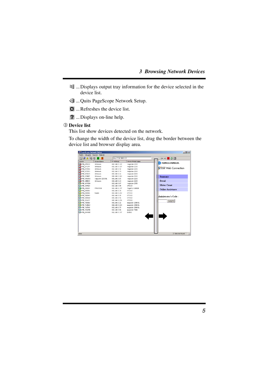 Konica Minolta Network Setup user manual ➂ Device list 