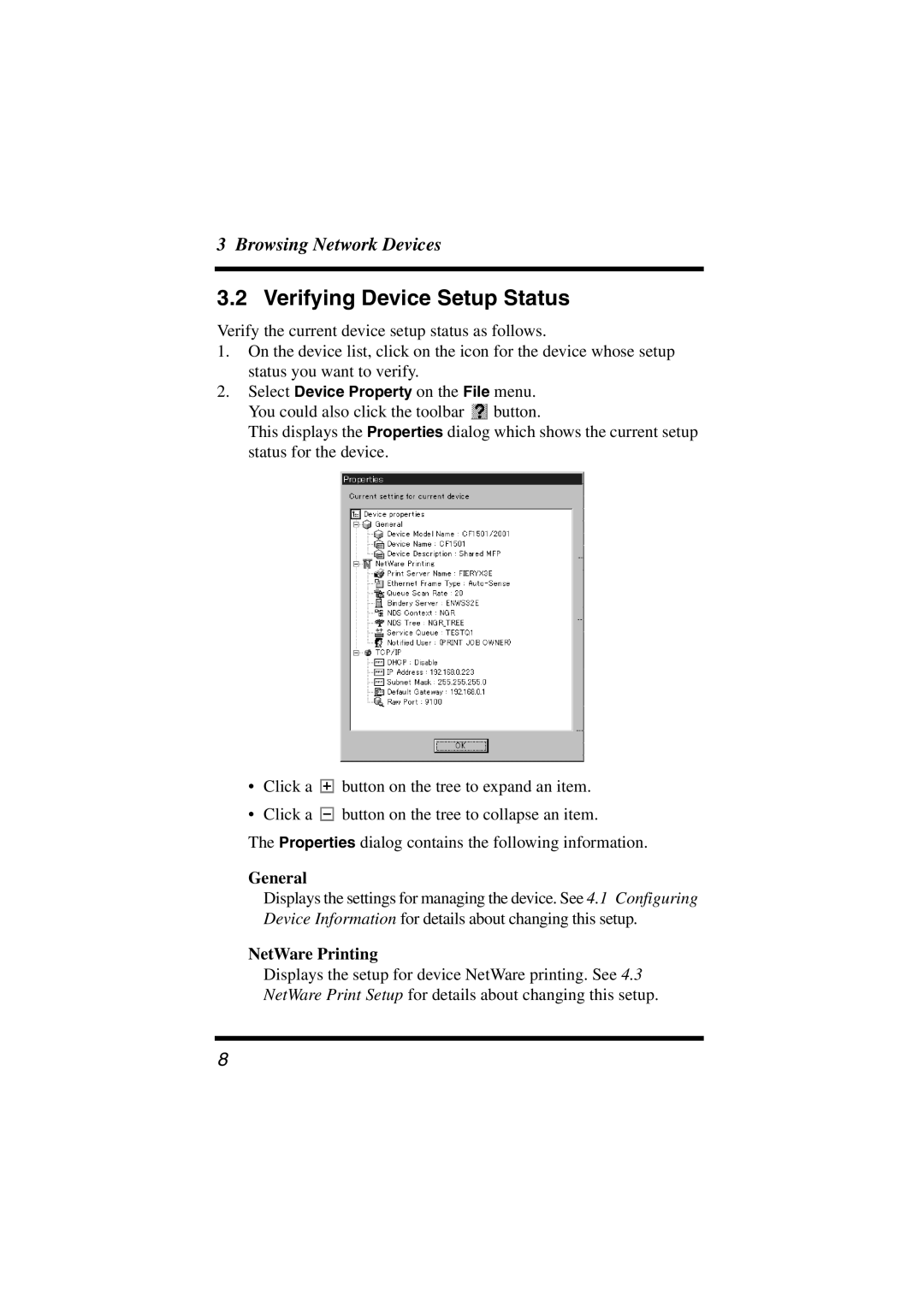 Konica Minolta Network Setup user manual Verifying Device Setup Status, General, NetWare Printing 