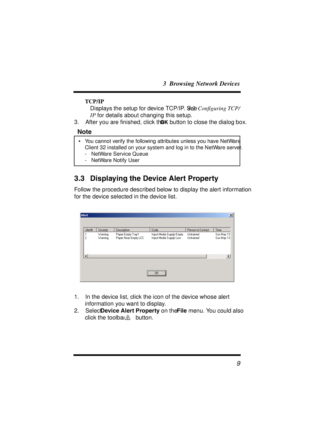 Konica Minolta Network Setup user manual Displaying the Device Alert Property, Tcp/Ip 