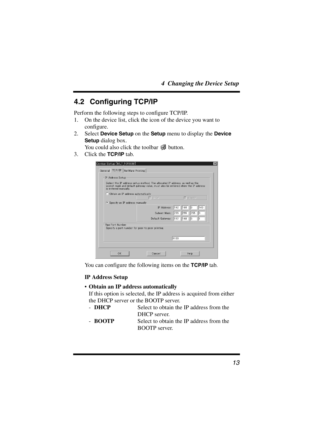 Konica Minolta Network Setup user manual Configuring TCP/IP, IP Address Setup Obtain an IP address automatically 