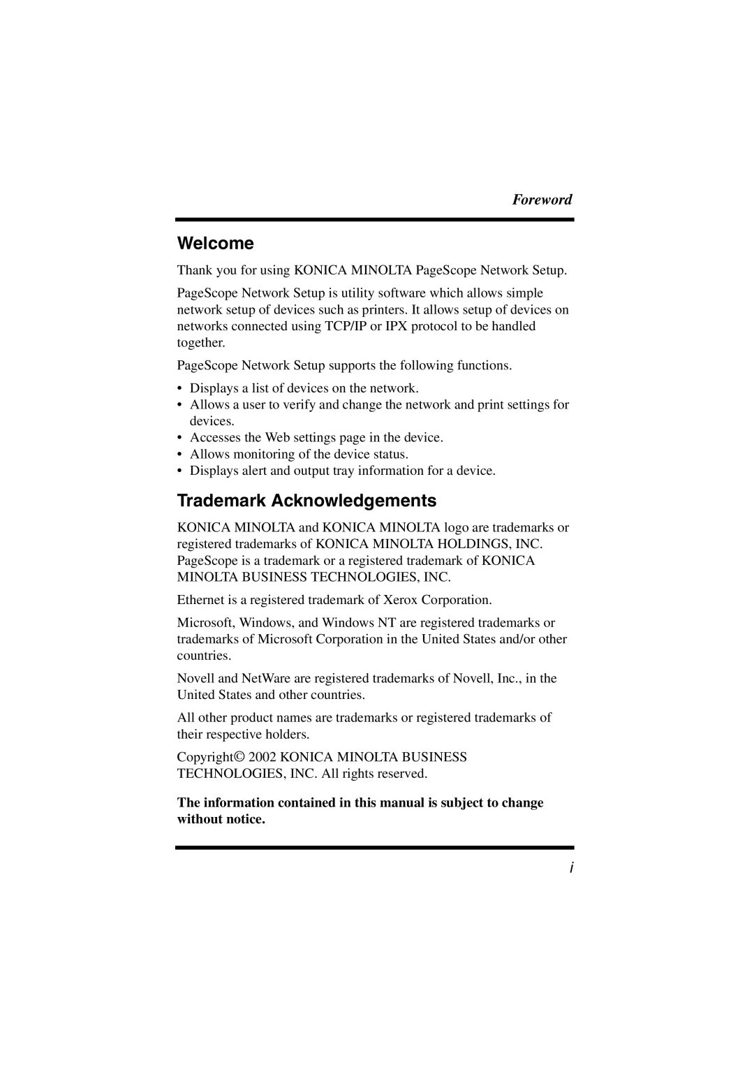 Konica Minolta Network Setup user manual Welcome, Trademark Acknowledgements 