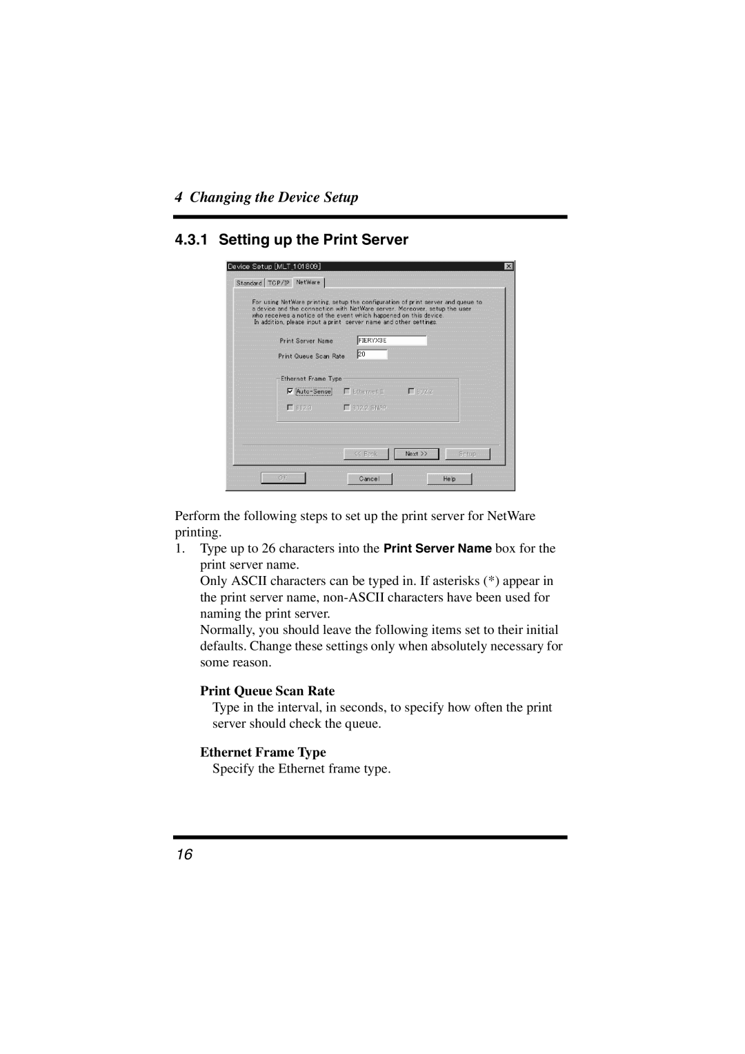 Konica Minolta Network Setup user manual Print Queue Scan Rate, Ethernet Frame Type 