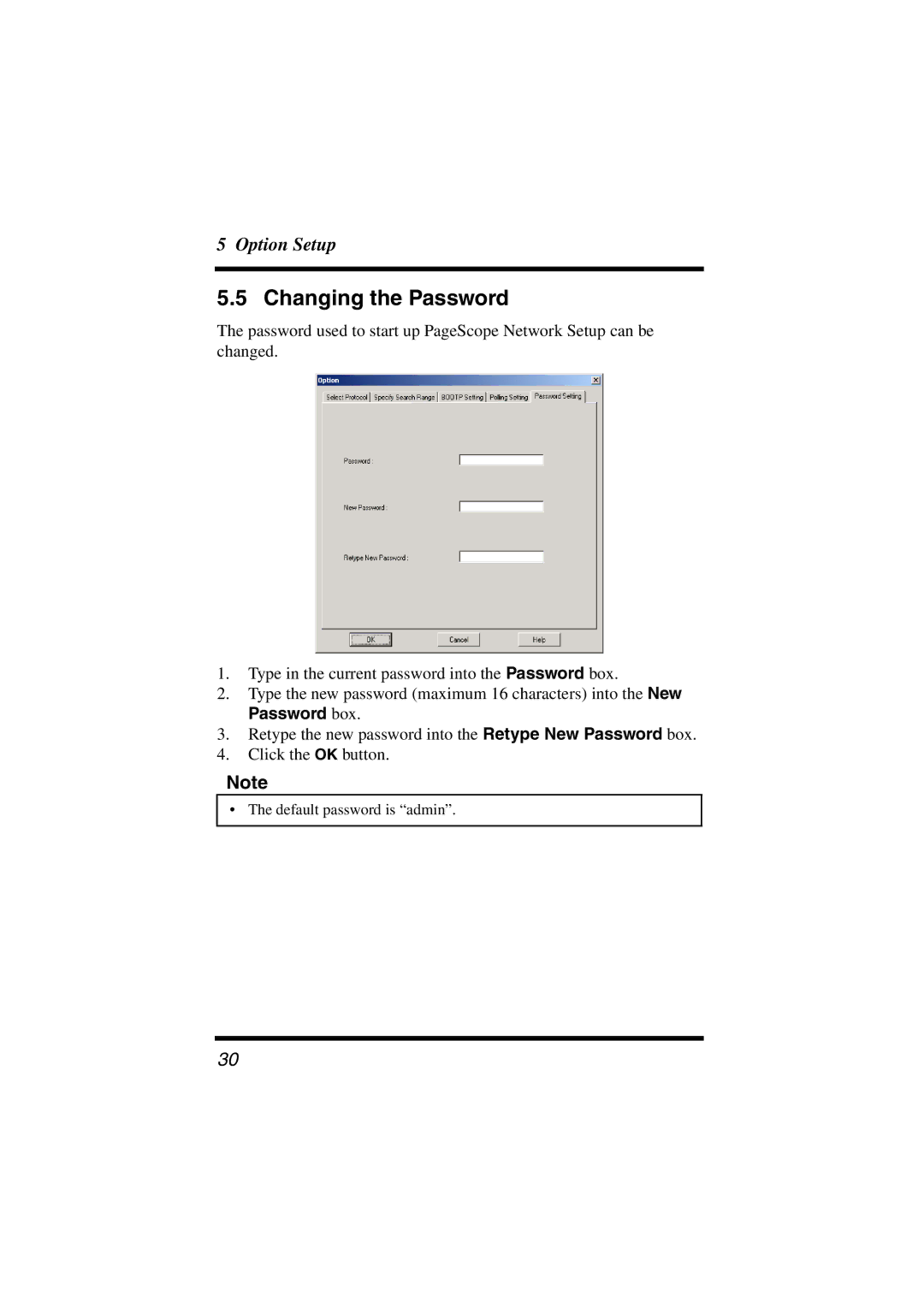 Konica Minolta Network Setup user manual Changing the Password 