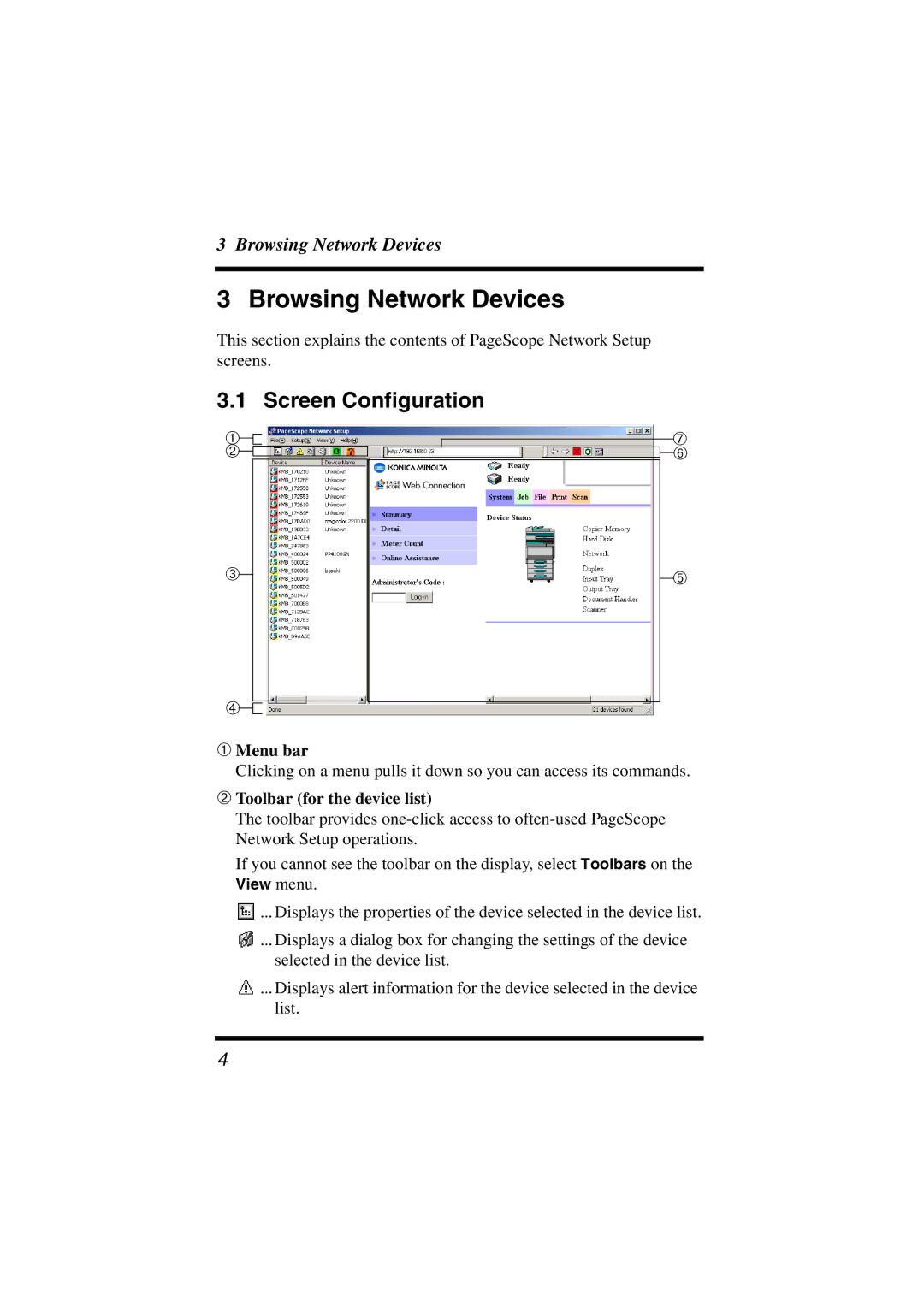 Konica Minolta Network Setup Browsing Network Devices, Screen Configuration, ➀ Menu bar, ➁ Toolbar for the device list 