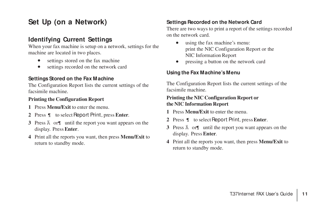 Konica Minolta OKIFAX 5950 manual Set Up on a Network, Identifying Current Settings, Printing the Configuration Report 