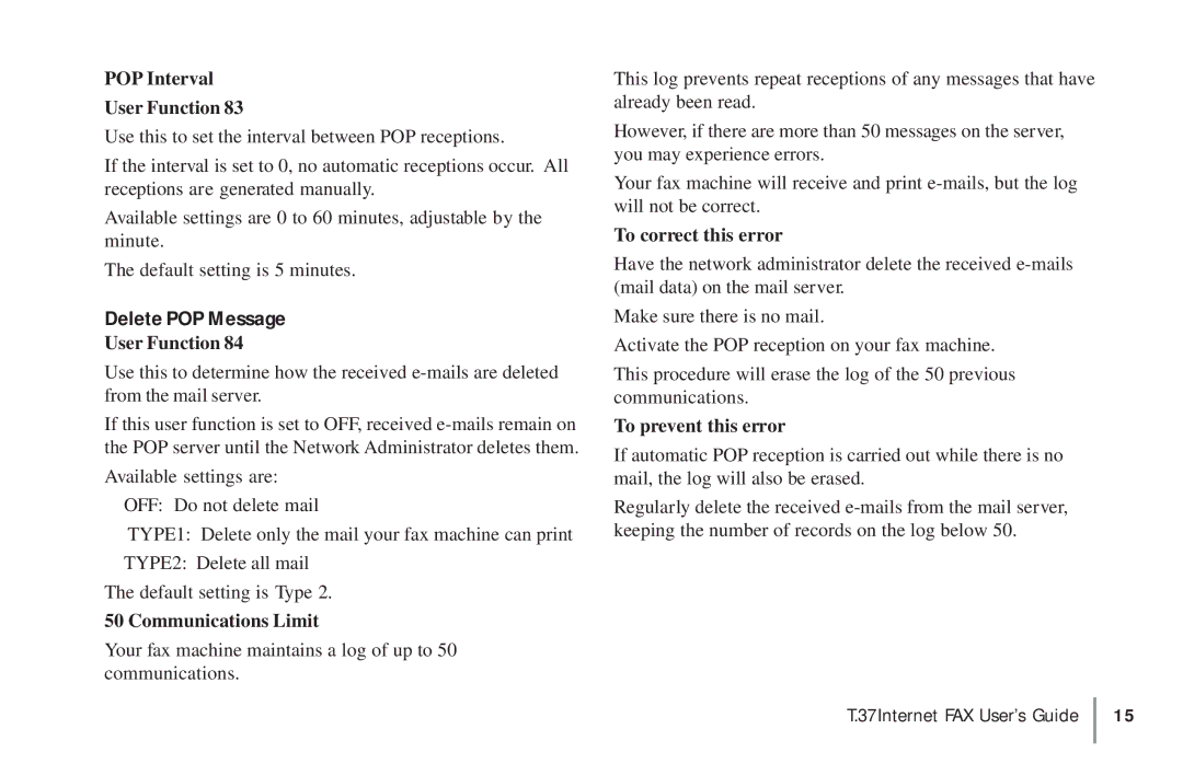 Konica Minolta OKIFAX 5950 POP Interval User Function, Delete POP Message, Communications Limit, To correct this error 