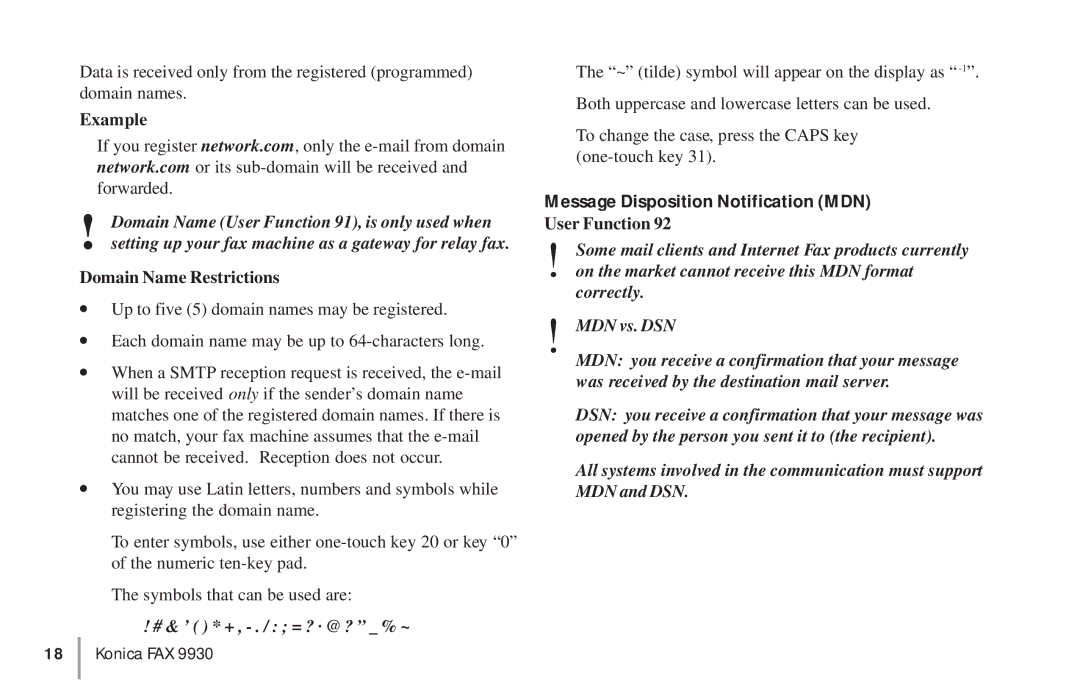 Konica Minolta OKIFAX 5950 manual Example, Domain Name Restrictions, Message Disposition Notification MDN 