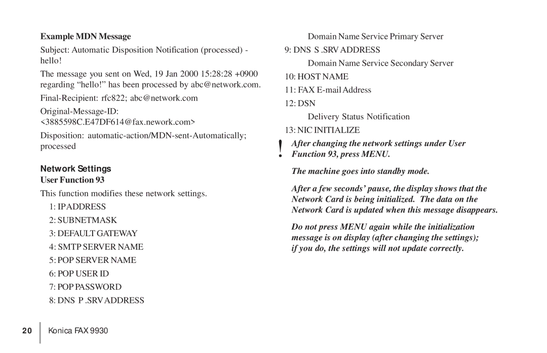 Konica Minolta OKIFAX 5950 manual Example MDN Message, Network Settings 