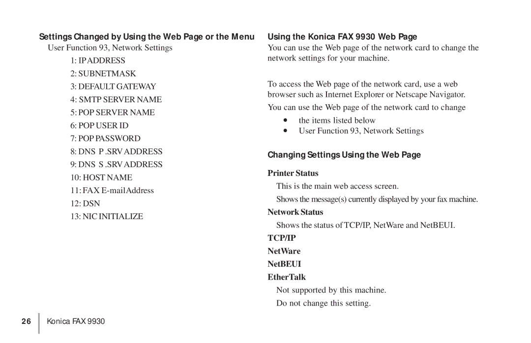 Konica Minolta OKIFAX 5950 manual Printer Status, Network Status, NetWare NetBEUI EtherTalk 