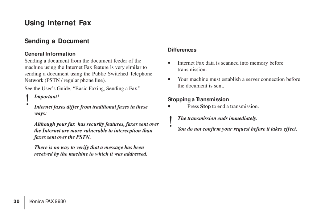 Konica Minolta OKIFAX 5950 manual Using Internet Fax, Sending a Document, Differences, Stopping a Transmission 