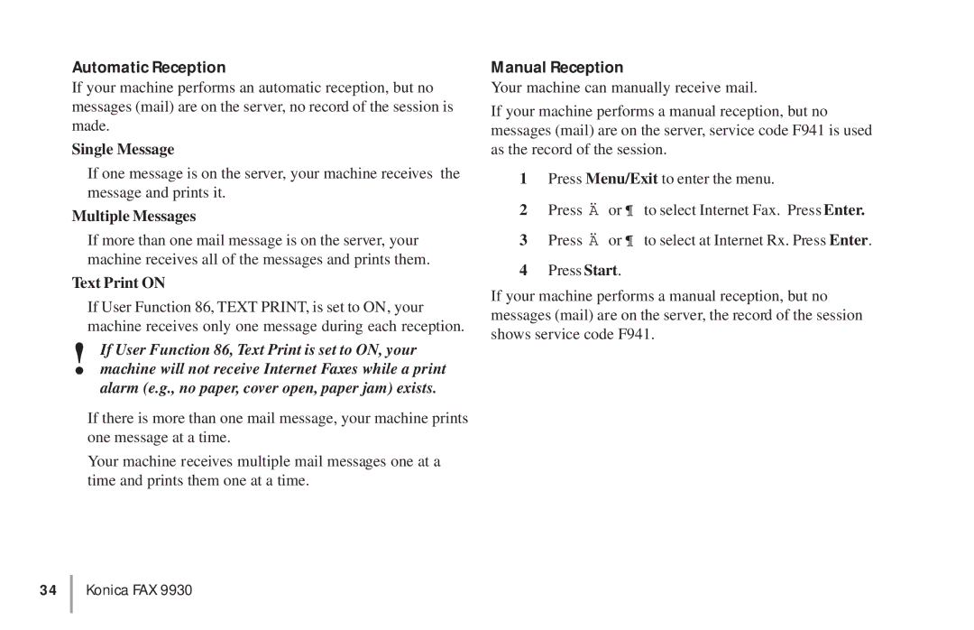 Konica Minolta OKIFAX 5950 manual Automatic Reception, Single Message, Multiple Messages, Text Print on, Manual Reception 