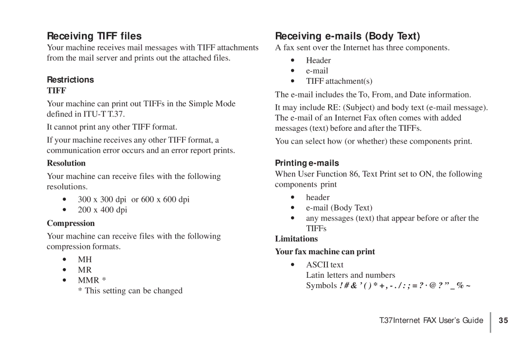 Konica Minolta OKIFAX 5950 manual Receiving Tiff files, Receiving e-mails Body Text, Resolution, Compression 