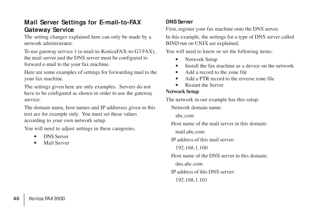 Konica Minolta OKIFAX 5950 manual Mail Server Settings for E-mail-to-FAX Gateway Service, DNS Server, Network Setup 