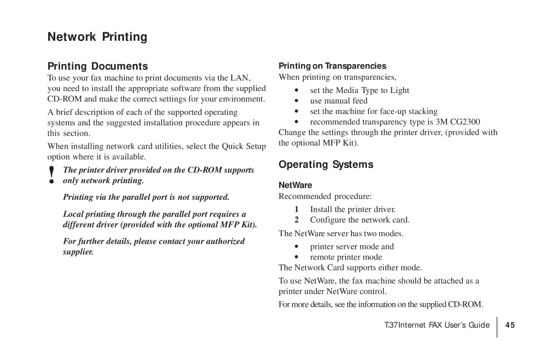 Konica Minolta OKIFAX 5950 Network Printing, Printing Documents, Operating Systems, Printing on Transparencies, NetWare 