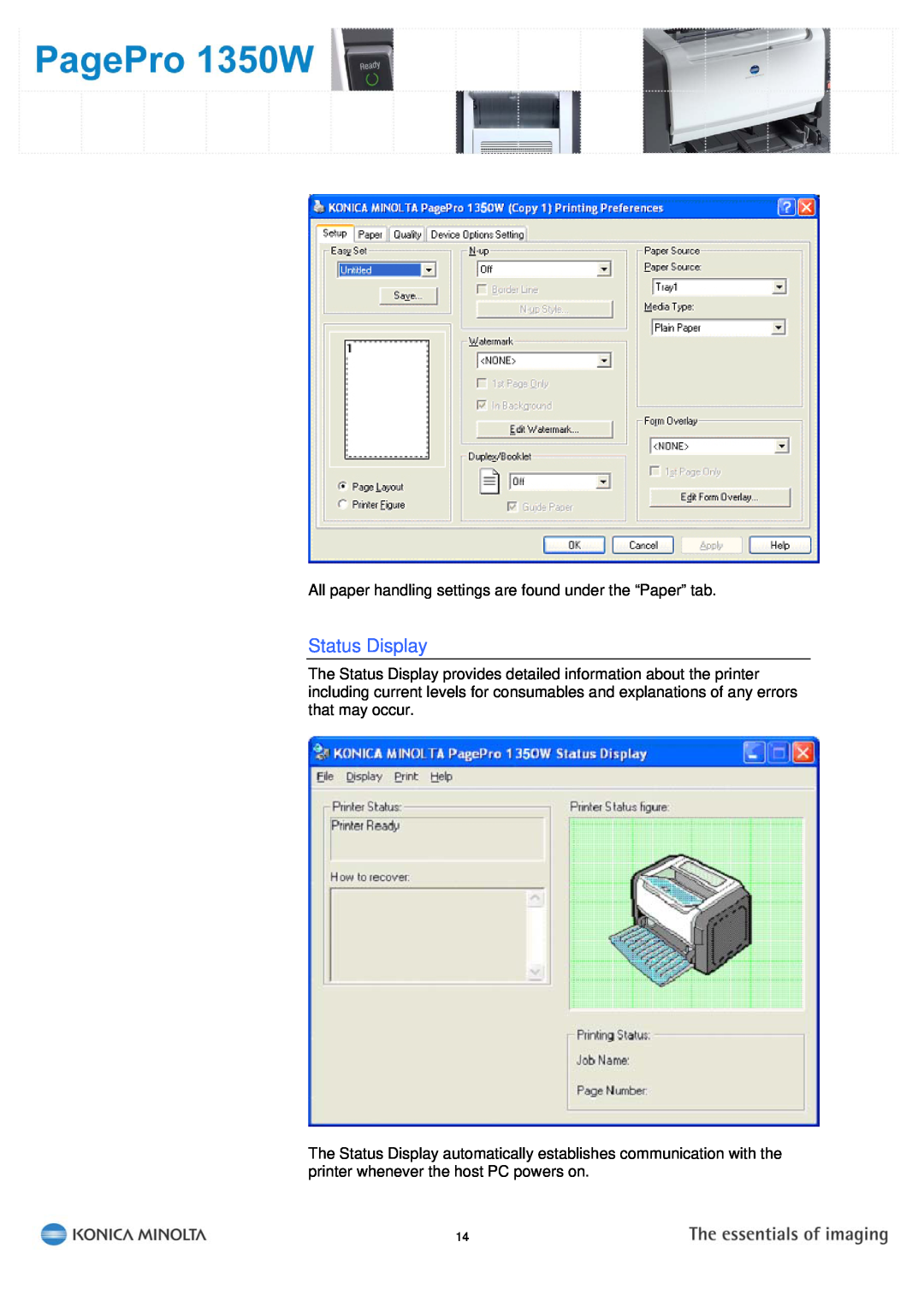 Konica Minolta PagePro 1350W manual Status Display 