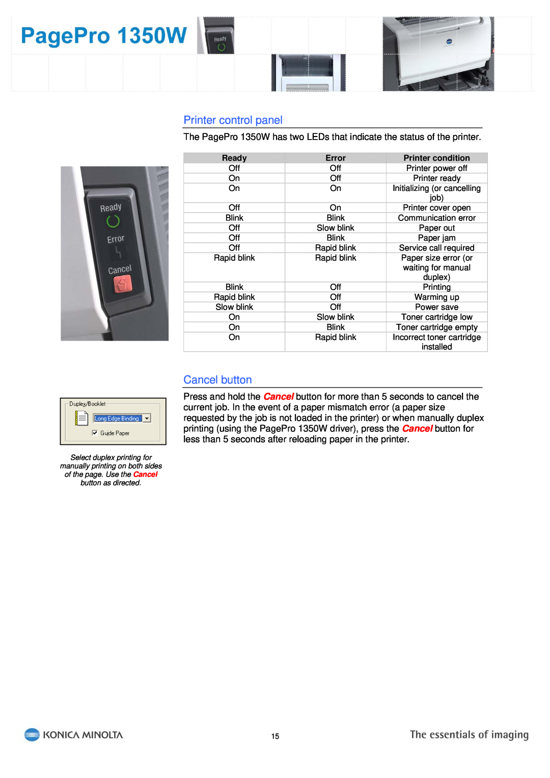 Konica Minolta PagePro 1350W manual Printer control panel, Cancel button, Ready, Error, Printer condition 